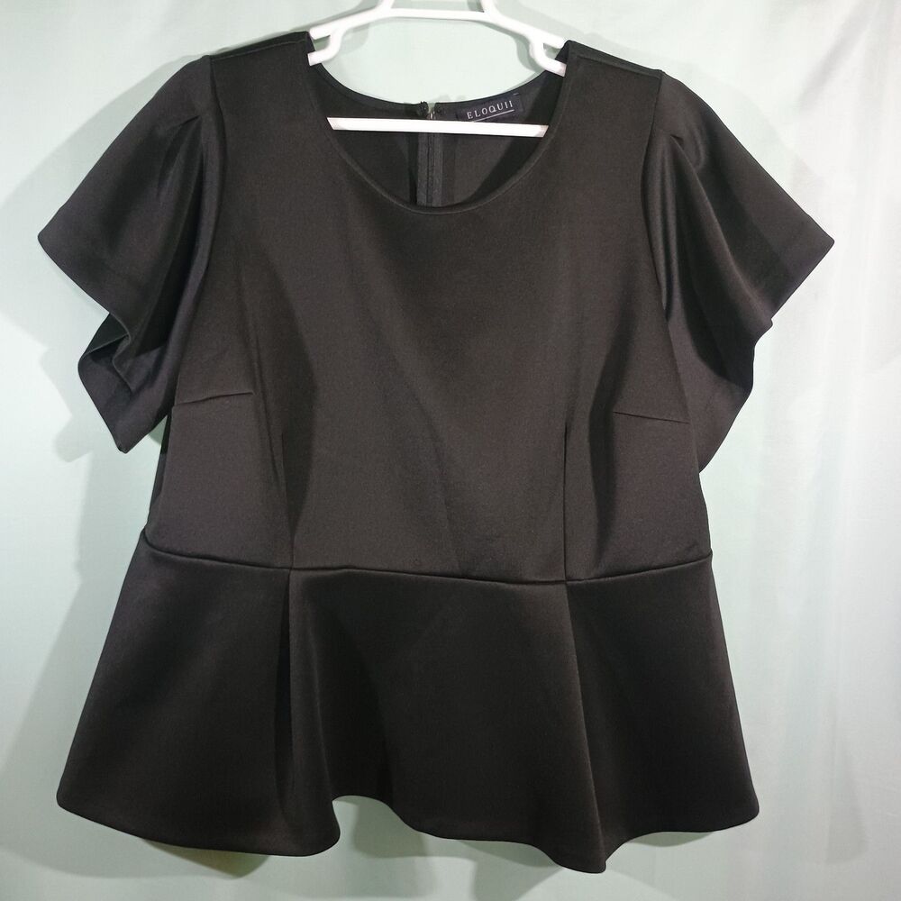 Black Peplum Top Women's Structured Blouse Short Sleeve Flowy Hem Dressy Top